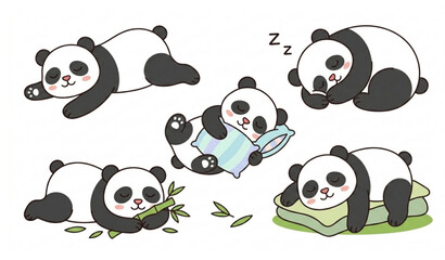 Sleeping panda cartoon character set with cute lazy poses vector illustration © Polash