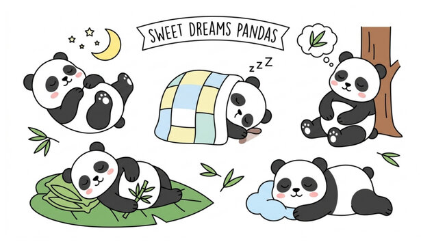 Kawaii sleeping panda icon collection cute cartoon vector set isolated on white