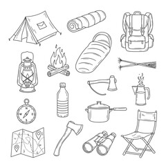 Fototapeta premium Camping gear and outdoor equipment collection.