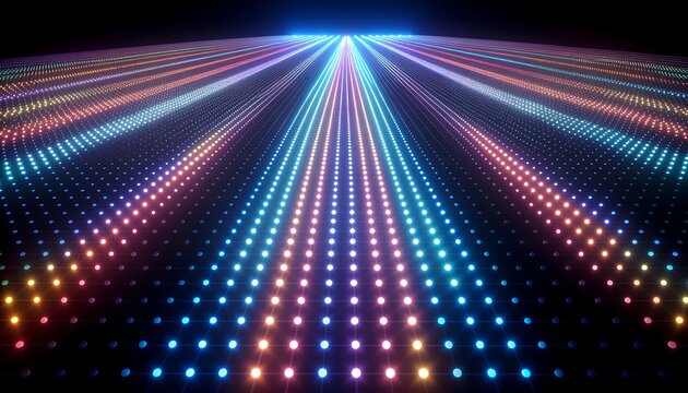Futuristic digital data highway with colorful glowing led dot matrix, high-speed fiber optic network and cyber technology background