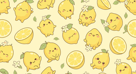 Fototapeta premium Cartoon Lemons With Various Emotions Faces.