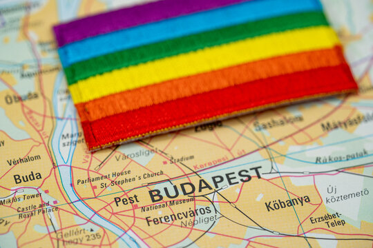Close up of Budapest map with rainbow pride flag.