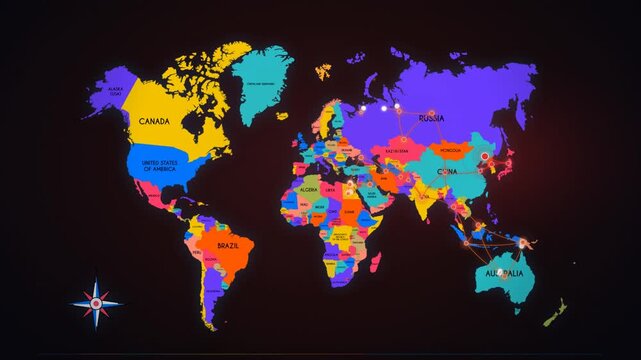World map with golden connection routes linking global points on dark red background animation