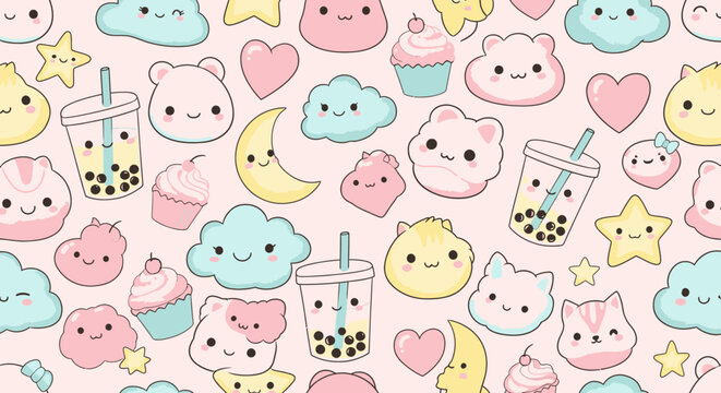 Colorful cartoon boba tea characters.