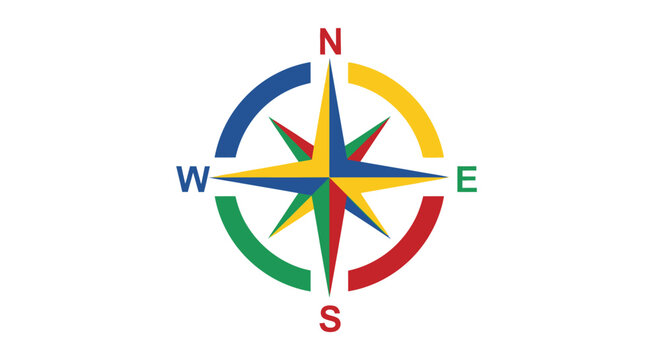 Colorful compass navigation symbol icon.