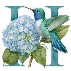 Fototapeta premium A watercolor artwork showcasing the letter H with hydrangeas and a hummingbird among soft blue and green washes on a plain background.