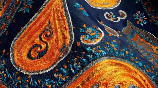 Beautiful embroidery design featuring bright orange and blue patterns on dark fabric showing intricate details