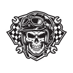 Fototapeta premium Vintage skull wearing motorcycle helmet with goggles and crossed wrenches.
