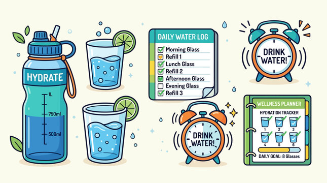 Water tracker illustration featuring hydration bottle glasses checklist and alarm clock for daily health habit monitoring