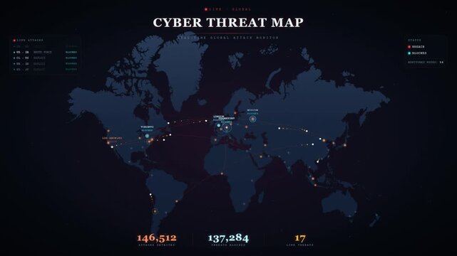 Cyber threat map dashboard with live global attack monitoring and security data animation