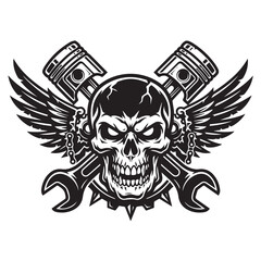 Fototapeta premium Vintage skull with pistons and wrenches for biker emblem.