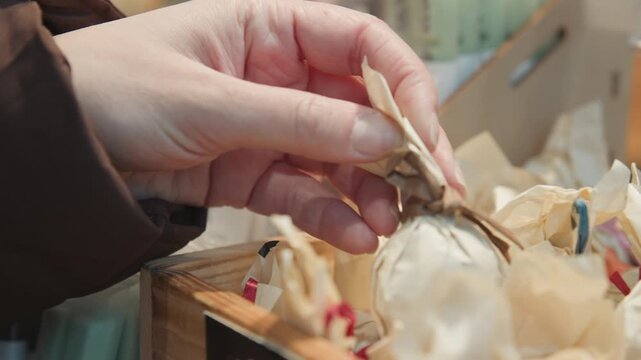 Hand selecting wrapped soap from wooden crate at artisan market, twine tied packaging and ribbon accents, closeup of fingers picking creamy bar, vendor stall backdrop and handcrafted boutique vibe