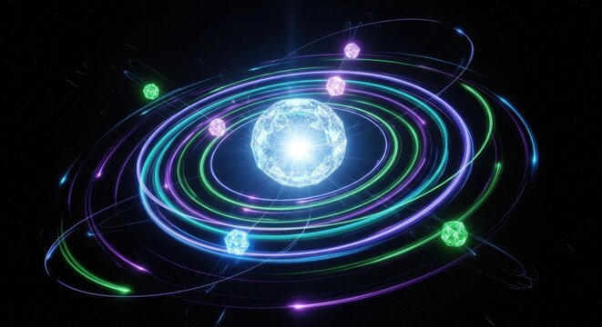 Abstract glowing atom model with orbiting colorful particles on a dark background