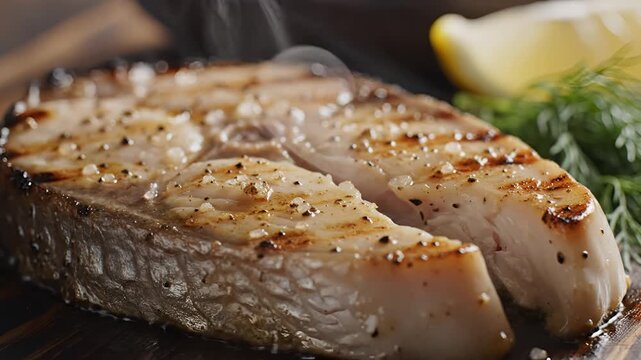 Delicious Grilled Swordfish Steak with Lemon and Herbs.