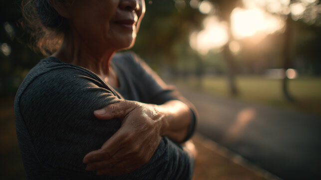 Elderly Southeast Asian woman stretching in park at sunset. Healthy aging and inclusive outdoor wellness. Senior Asian woman exercising in park at evening. Healthy aging, outdoor active retired woman.