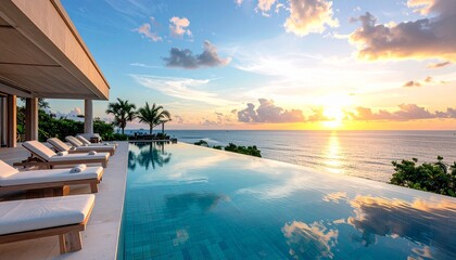Obraz premium Luxury resort infinity pool with palm trees reflecting sunset sky over the ocean at dusk