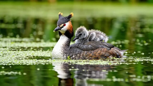 Majestic Great Crested Grebe carrying chicks on its back while swimming in a lush green pond ideal for wildlife documentaries and nature conservation educational content.