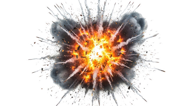 A massive explosion occurs with fire and smoke in the air