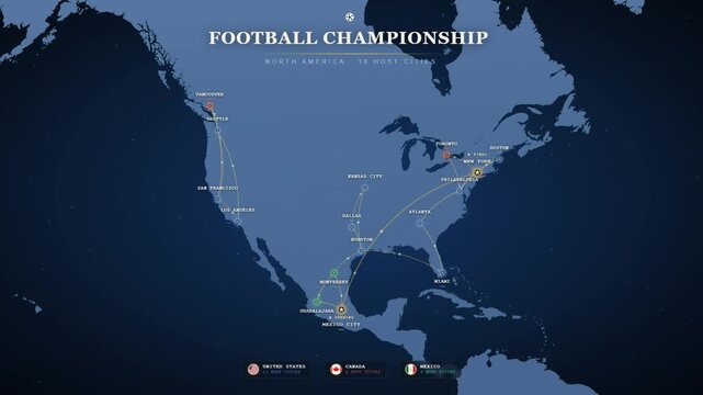 Football championship host cities map across North America with glowing routes animation