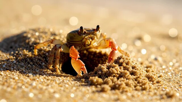 Tiny Ghost Crab emerging from a sand burrow on a sunny tropical beach with golden bokeh, ideal for nature documentaries and coastal travel vlogs.