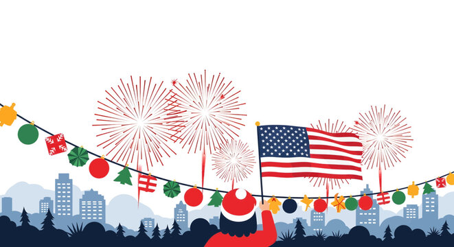 Person holding American flag with fireworks and city skyline.
