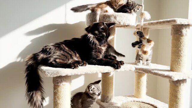 Playful Maine Coon Family Kittens and mother cat interacting on a multi-level scratching post in bright sunlight ideal for pet care advertisements and animal behavior documentaries.
