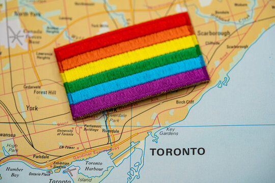 Close up of Toronto map with rainbow pride flag.