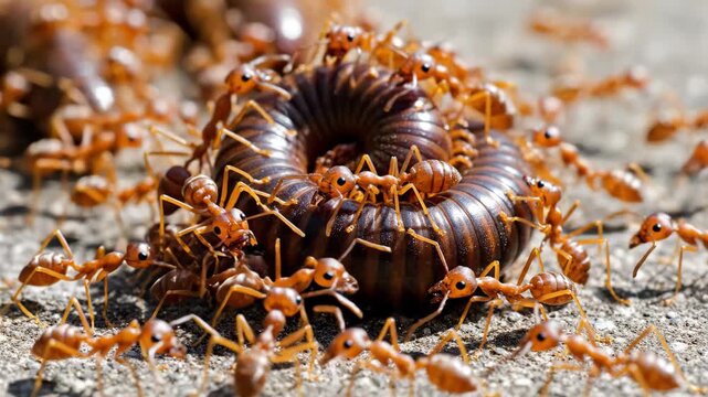 Macro Wildlife Action of red weaver ants swarming and attacking a coiled millipede on the ground, ideal for nature documentaries and educational biology content.
