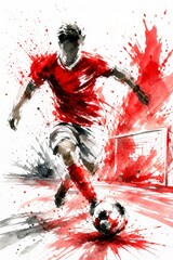 Obraz na płótnie Canvas Austria national football team wallpaper, banner, poster, background. Austria national team colors on dynamic soccer player kicking a ball with watercolor paint splatters
