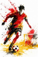 Fototapeta premium Belgium national football team wallpaper, banner, poster, background. Belgium national team colors on dynamic soccer player kicking a ball with watercolor paint splatters
