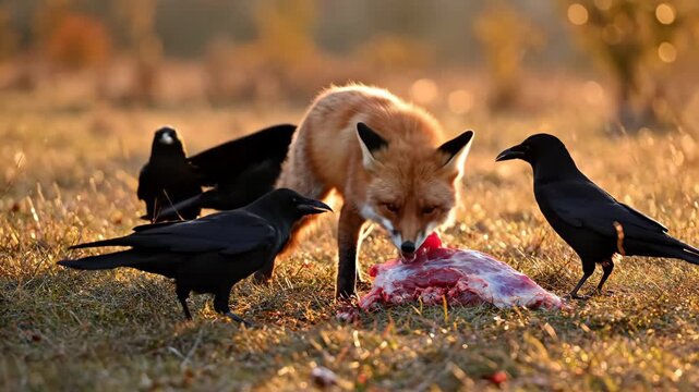 Wild Red Fox Scavenging. Red fox eating raw meat surrounded by black crows in a sunlit autumn field ideal for wildlife documentaries and nature storytelling.
