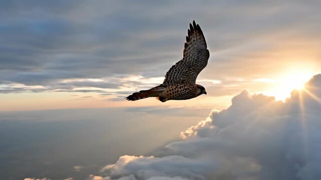 Majestic Falcon Soaring through golden sunset sky above clouds ideal for wildlife documentaries and inspirational cinematic storytelling.
