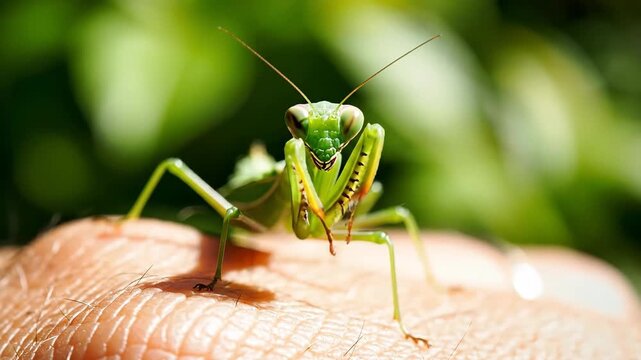 Macro Praying Mantis standing on a human hand with a blurred forest background ideal for nature documentaries and educational content.