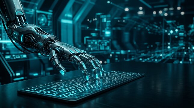A futuristic robotic hand typing on a glowing modern keyboard in a high-tech environment