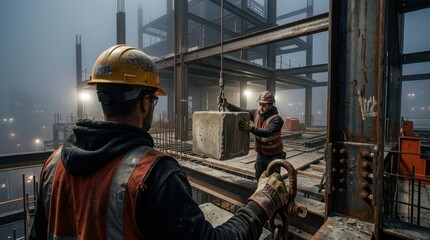 Fototapeta premium Construction Workers Lift Heavy Block in a Foggy Industrial Environment