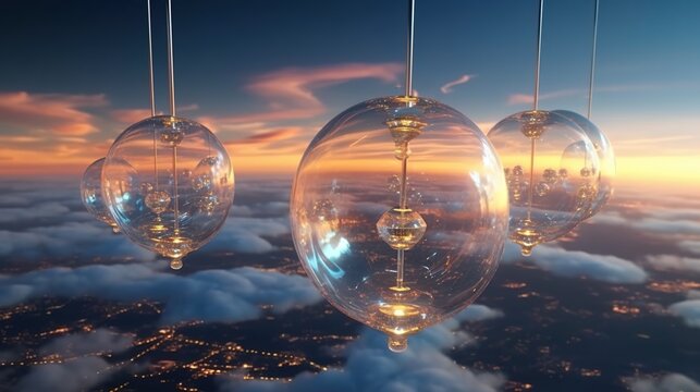 Floating futuristic cities inside transparent orbs in the sky.