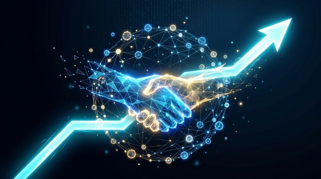A glowing handshake symbolizing partnership and growth with an upward arrow
