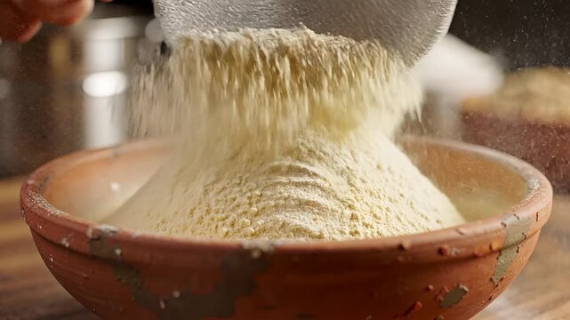 Sifting Flour into a Rustic Bowl for Baking Preparation.