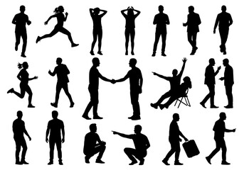 Fototapeta premium Black Silhouettes of People in Various Poses on White Background