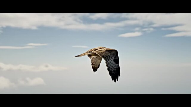 Majestic Falcon Soaring through a bright blue sky with soft clouds ideal for nature documentaries and wildlife conservation projects.