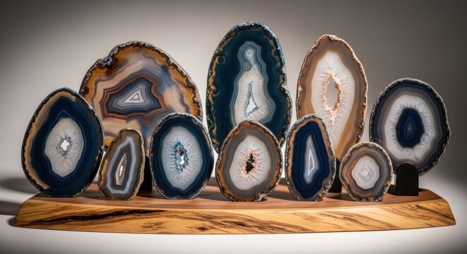 Collection of Polished Agate Slices with Striking Banded Patterns Displayed on a Wooden Surface