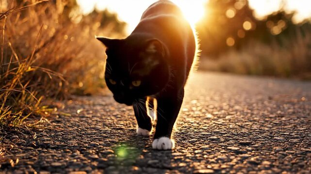 Majestic Black Cat walking on a rural road during golden hour with warm sunset backlighting ideal for pet care commercials and nature documentaries.