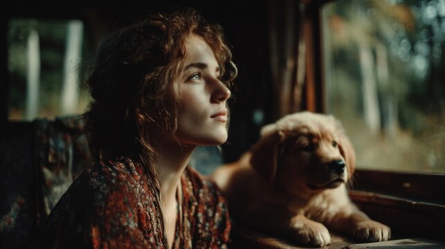 Woman and Puppy in a Cozy Cabin Awash in Natural Light