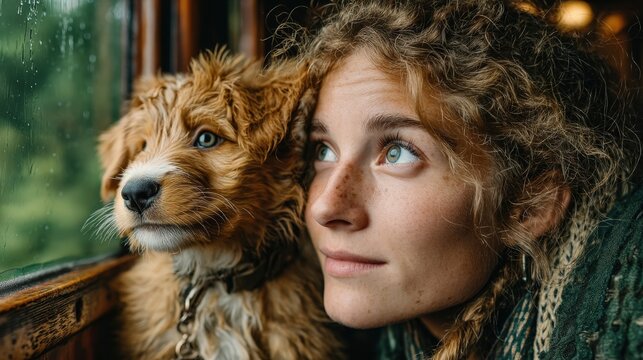 Young Woman and Puppy Gazing Through Rainy Window in Cozy Setting