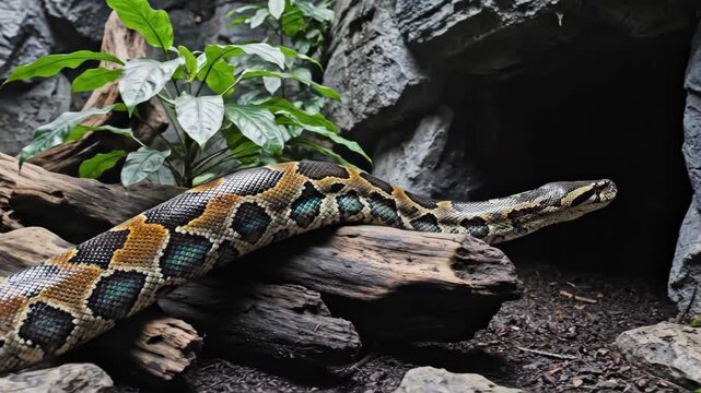 Majestic Reticulated Python slithering over weathered driftwood in a rocky jungle habitat, ideal for wildlife documentaries and educational nature content.