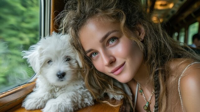 Girl and Puppy Enjoying a Scenic Train Journey Together in Nature