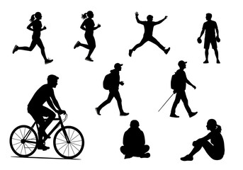 Obraz premium Black Silhouettes of People Running, Jumping, Cycling and Sitting on White Background