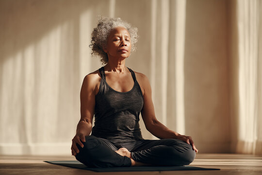 Elderly Black woman practicing seated Pilates breathing exercise. Calm, mindful movement for healthy aging. Afro american senior woman breathing exercises, healthy aging theme. Diversity.