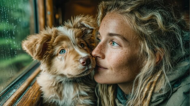 Woman and Puppy Sharing a Tender Moment by a Rainy Window
