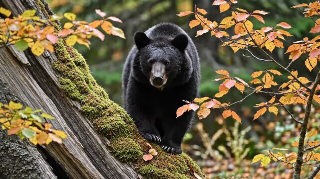 Majestic Black Bear walking on a mossy fallen tree trunk surrounded by vibrant autumn foliage ideal for wildlife documentaries and nature conservation campaigns.